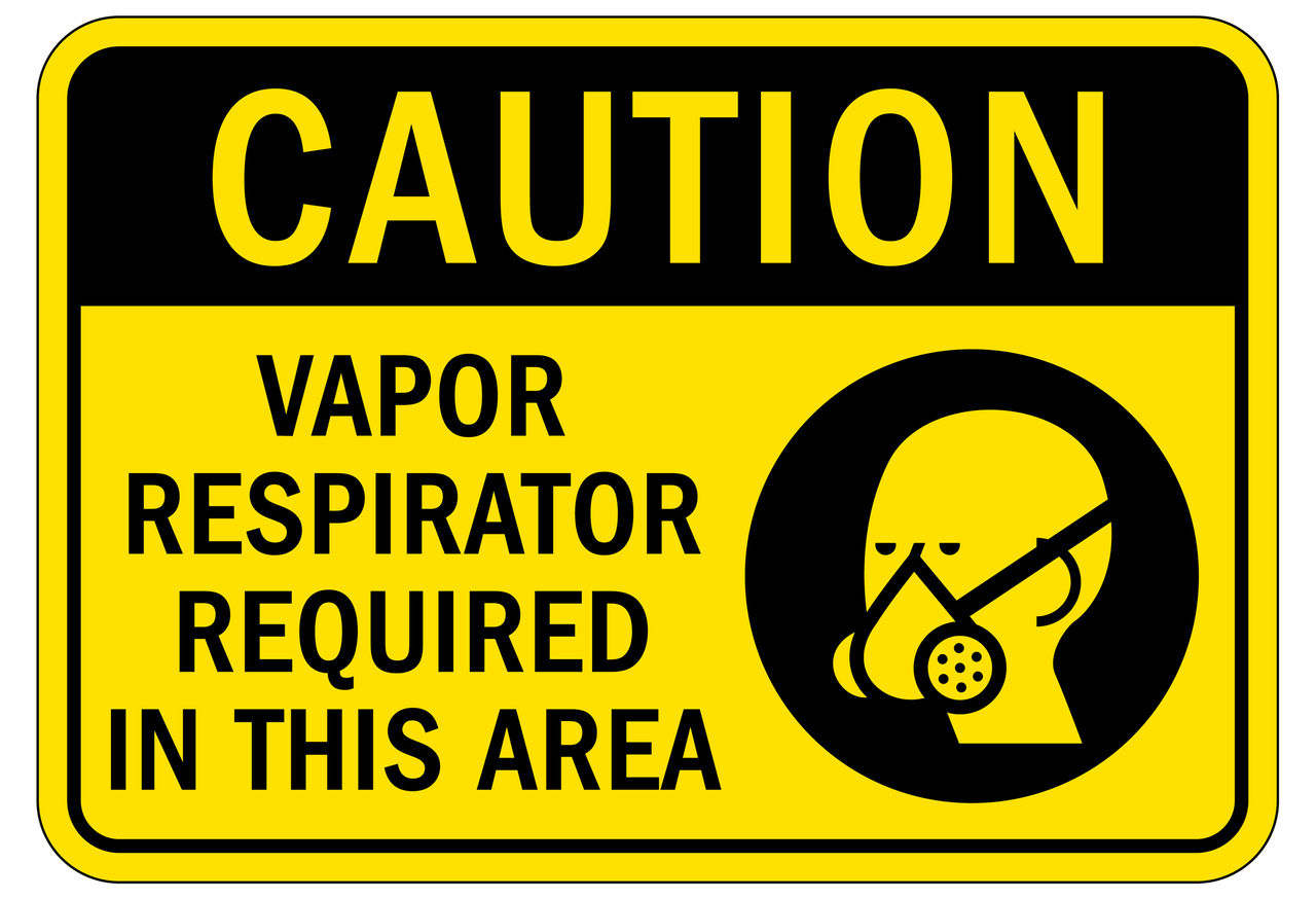 Wear respirator 14, Wear respiratory equipment sign and labels vapor respirator required in this area
